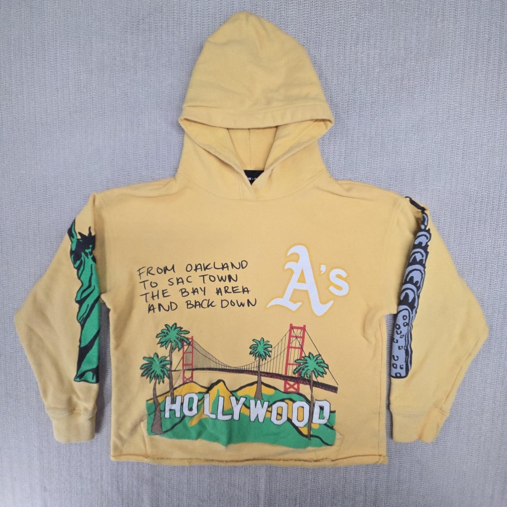 Homme + Femme Hoodie Mens Small Yellow California to NYC Tupac Biggie Rap Lyrics